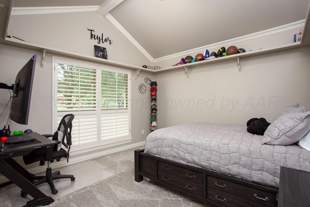 bedroom with light colored carpet, vaulted ceiling, and baseboards