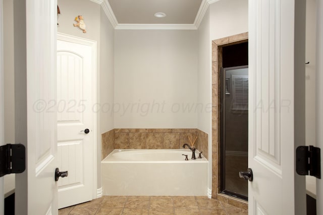 bathroom with a garden tub, crown molding, a shower stall, and tile patterned floors