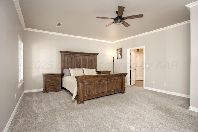 bedroom with light carpet, crown molding, baseboards, and ceiling fan