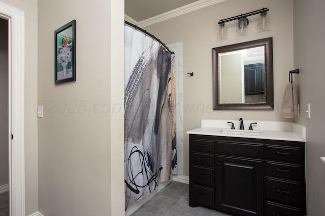bathroom featuring ornamental molding, vanity, baseboards, and a shower with curtain