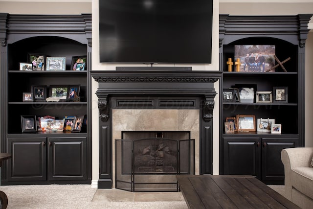 living area featuring a fireplace and built in features