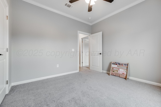 1600 NE 6th St, Dumas, TX 79029 - carpeted spare room with baseboards, ornamental molding, ceiling fan, and visible vents