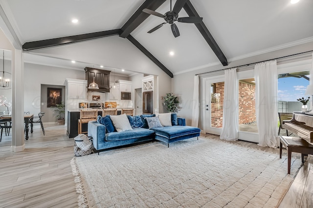 1600 NE 6th St, Dumas, TX 79029 - living room featuring light wood-style floors, recessed lighting, ceiling fan, and vaulted ceiling with beams