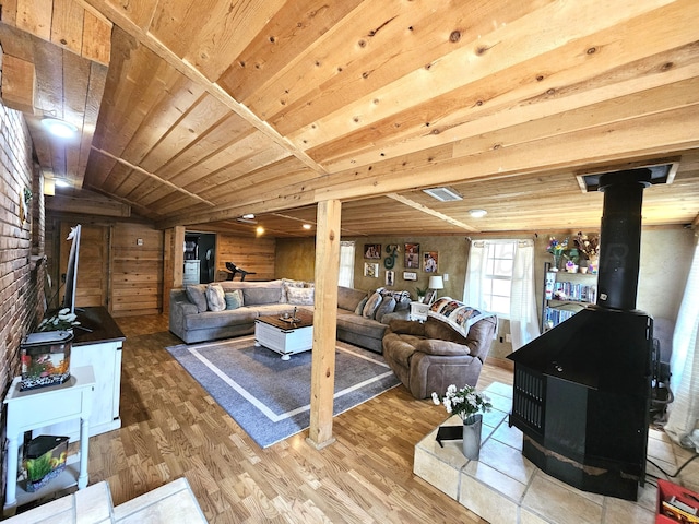 522 N Red Deer St, Pampa, TX 79065 - living area with a wood stove, wood finished floors, wood ceiling, lofted ceiling, and wooden walls