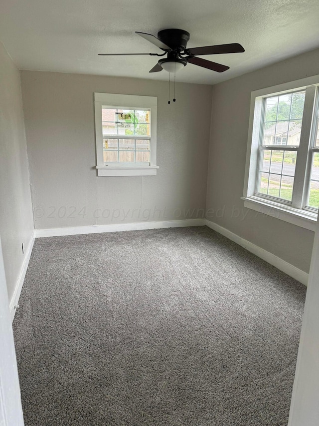 carpeted spare room with ceiling fan