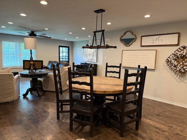 1711 N Holly Ln, Pampa, TX 79065 - dining area with recessed lighting, dark wood-type flooring, a ceiling fan, and baseboards