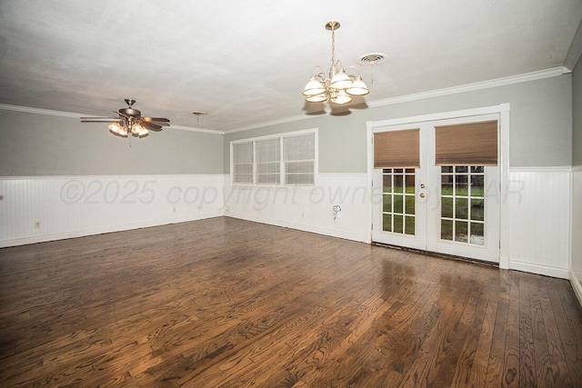 3122 Nebraska St, Amarillo, TX 79106 - unfurnished living room with a chandelier, french doors, wainscoting, a ceiling fan, and dark wood finished floors