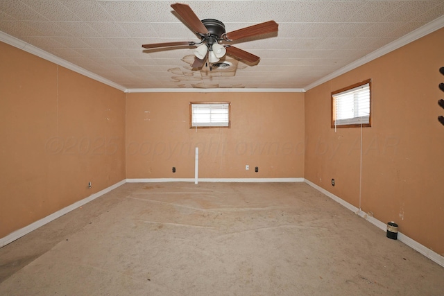 506 E 5th St, Sunray, TX 79086 - empty room featuring crown molding, baseboards, ceiling fan, and light colored carpet