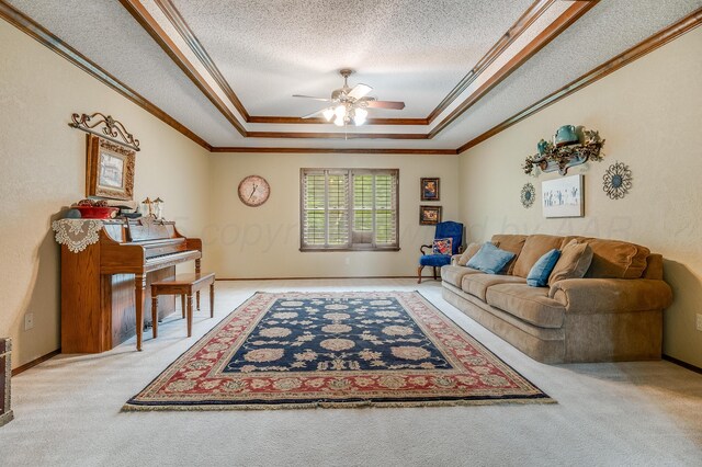 300 W 11th St, Wheeler, TX 79096 - living area featuring a raised ceiling, ornamental molding, carpet flooring, ceiling fan, and a textured ceiling