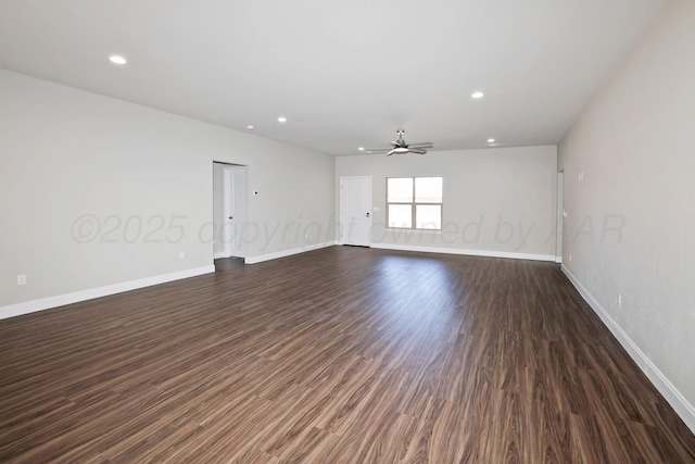 empty room featuring dark wood-style flooring, baseboards, recessed lighting, and ceiling fan