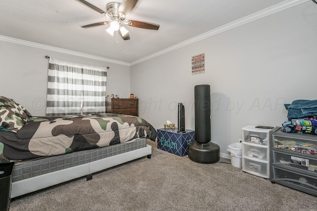 carpeted bedroom with crown molding and ceiling fan