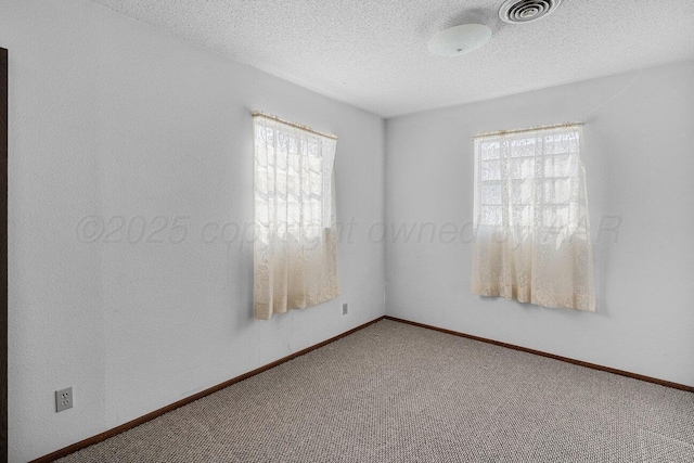 carpeted empty room featuring visible vents, a healthy amount of sunlight, a textured ceiling, and baseboards