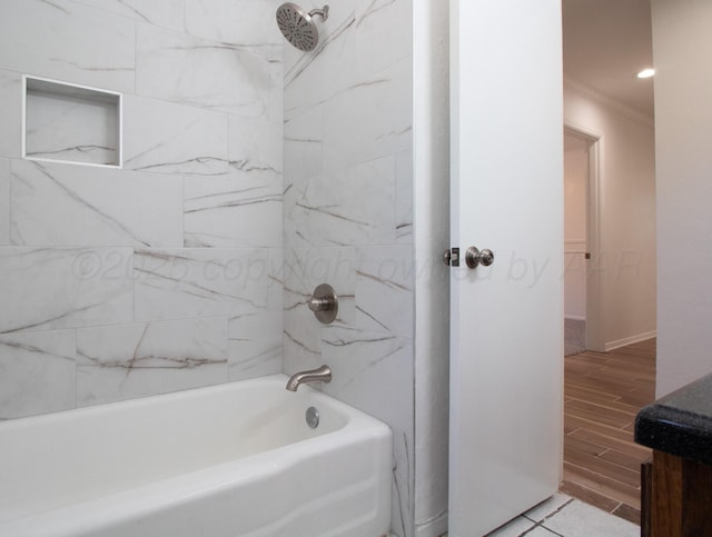 4808 SW 57th Ave, Amarillo, TX 79109 - full bathroom featuring ornamental molding, shower / bathtub combination, and wood finished floors