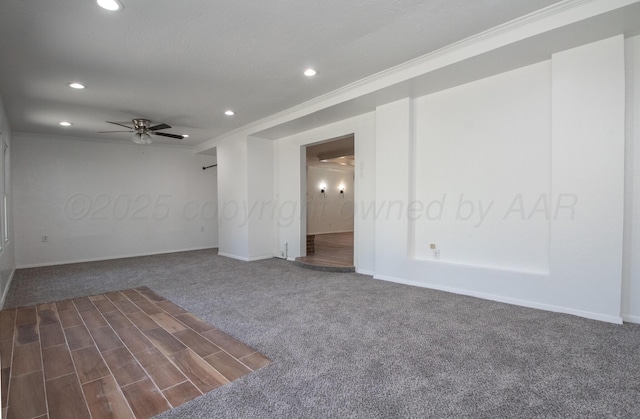 4808 SW 57th Ave, Amarillo, TX 79109 - empty room featuring recessed lighting, crown molding, a ceiling fan, dark wood finished floors, and dark colored carpet
