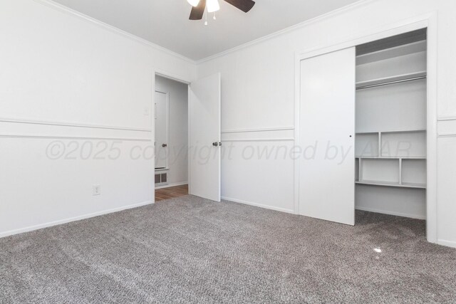4808 SW 57th Ave, Amarillo, TX 79109 - unfurnished bedroom with carpet floors, ornamental molding, a closet, and a ceiling fan
