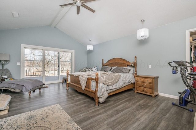 bedroom featuring lofted ceiling with beams, access to outside, baseboards, and wood finished floors