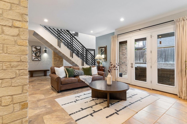 27 Carnoustie Ln, Amarillo, TX 79124 - living area with stairs, crown molding, french doors, recessed lighting, and light tile patterned floors