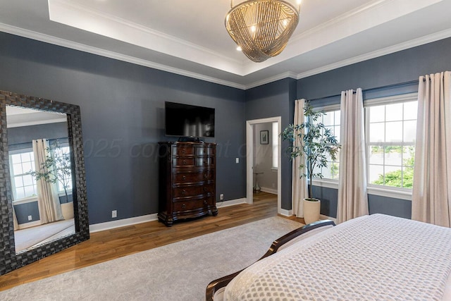 27 Carnoustie Ln, Amarillo, TX 79124 - bedroom with wood finished floors, ornamental molding, a tray ceiling, and a chandelier