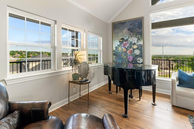 27 Carnoustie Ln, Amarillo, TX 79124 - sitting room with vaulted ceiling, crown molding, healthy amount of natural light, and hardwood / wood-style floors