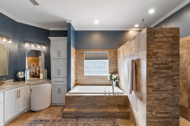 27 Carnoustie Ln, Amarillo, TX 79124 - bathroom with vanity, a garden tub, ornamental molding, and a tile shower