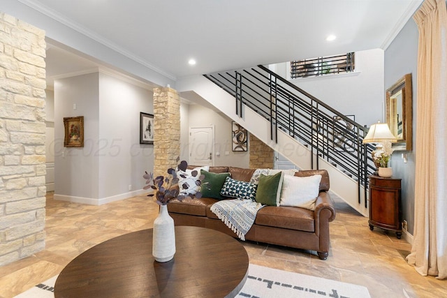 27 Carnoustie Ln, Amarillo, TX 79124 - living room featuring ornate columns, stairway, recessed lighting, and crown molding
