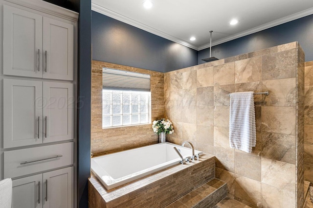 27 Carnoustie Ln, Amarillo, TX 79124 - full bath with a garden tub, crown molding, a tile shower, tile walls, and recessed lighting