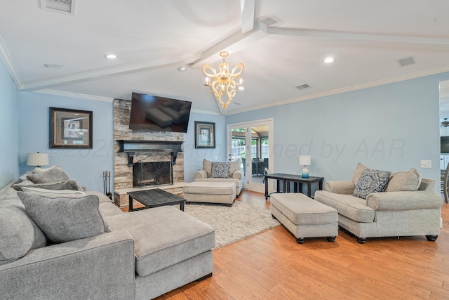 3523 Rutson Dr, Amarillo, TX 79109 - living room with light wood-type flooring, a chandelier, a fireplace, recessed lighting, and ornamental molding