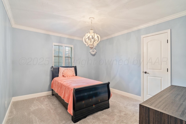 3523 Rutson Dr, Amarillo, TX 79109 - bedroom featuring a chandelier, light carpet, crown molding, and baseboards