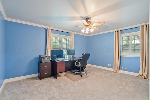 3523 Rutson Dr, Amarillo, TX 79109 - carpeted office featuring ornamental molding, a ceiling fan, healthy amount of natural light, and baseboards