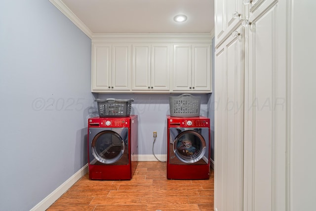 3523 Rutson Dr, Amarillo, TX 79109 - laundry room with cabinet space, washer and dryer, light wood finished floors, baseboards, and ornamental molding