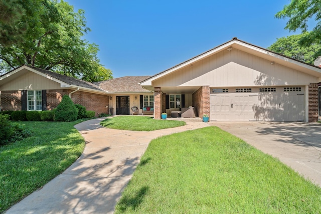 3523 Rutson Dr, Amarillo, TX 79109 - ranch-style home with brick siding, a garage, a front yard, concrete driveway, and covered porch