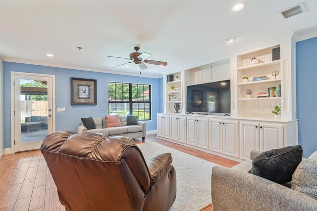 3523 Rutson Dr, Amarillo, TX 79109 - living room featuring light wood-style floors, ornamental molding, ceiling fan, baseboards, and recessed lighting
