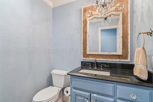 3523 Rutson Dr, Amarillo, TX 79109 - half bathroom with crown molding, toilet, vanity, and a chandelier