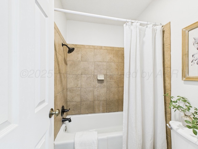 bathroom with toilet and shower / bathtub combination with curtain