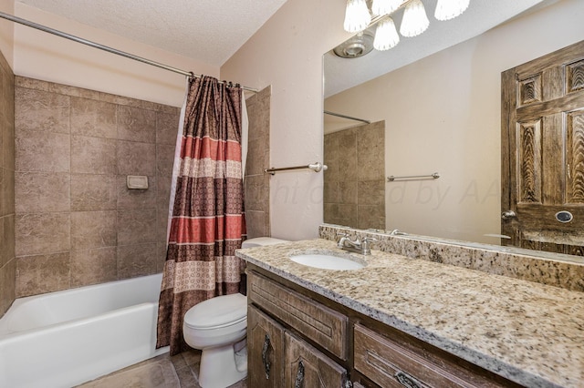 full bathroom featuring a textured ceiling, toilet, vanity, and shower / tub combo