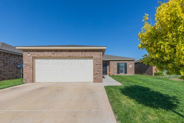 ranch-style home featuring brick siding, a front yard, concrete driveway, and an attached garage