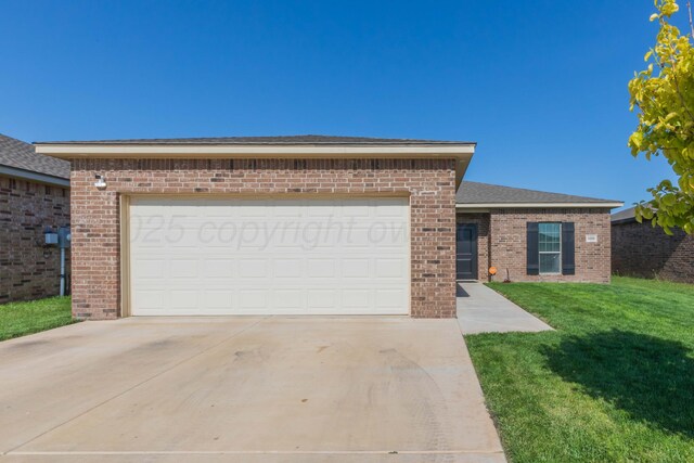 single story home with brick siding, driveway, a front yard, and a garage