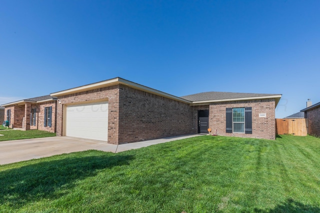 single story home featuring a garage, brick siding, and driveway