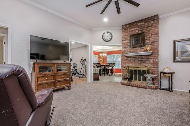 carpeted living area with ceiling fan, baseboards, a brick fireplace, and ornamental molding