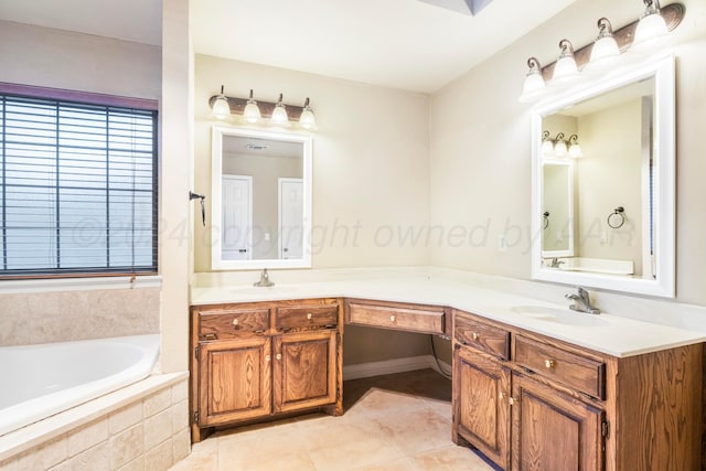 bathroom featuring vanity, tile patterned flooring, and a relaxing tiled tub