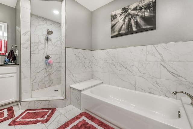 4639 S Hughes St, Amarillo, TX 79110 - full bath featuring a bath, walk in shower, vanity, and recessed lighting