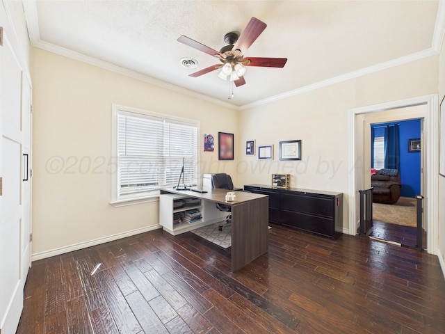 1206 N Russell St, Pampa, TX 79065 - home office featuring dark wood-style floors, a ceiling fan, ornamental molding, and baseboards
