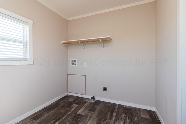 laundry room featuring ornamental molding, dark wood-type flooring, electric dryer hookup, and washer hookup