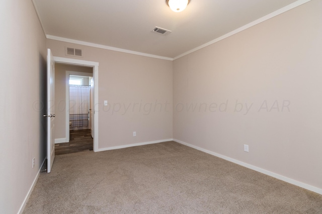 spare room featuring carpet flooring and crown molding