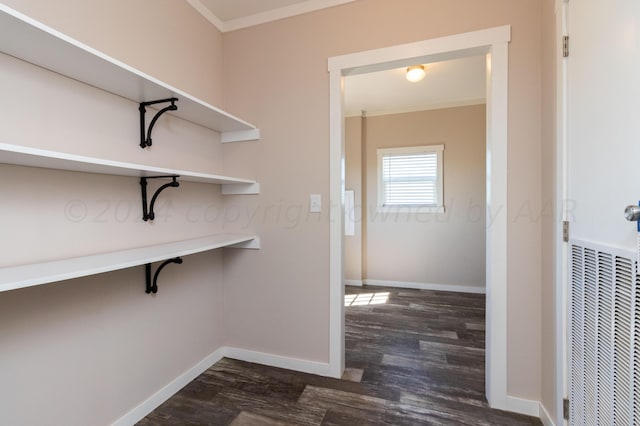 interior space featuring dark hardwood / wood-style floors and crown molding