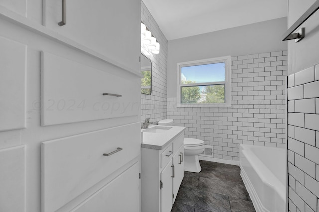 full bath featuring tile walls, visible vents, vanity, and toilet