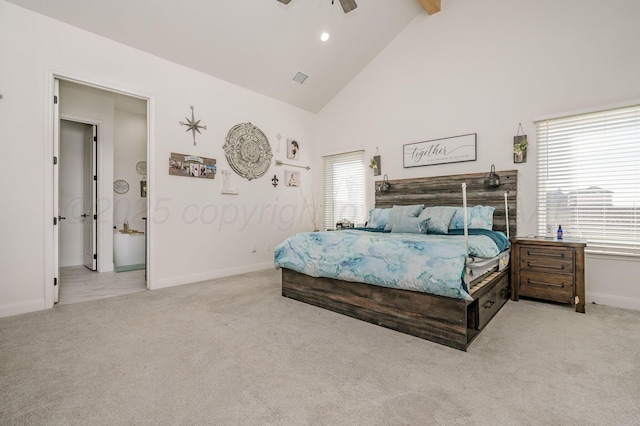 bedroom featuring light carpet, high vaulted ceiling, multiple windows, and beamed ceiling