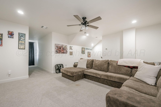 living area featuring recessed lighting, visible vents, a ceiling fan, light carpet, and baseboards