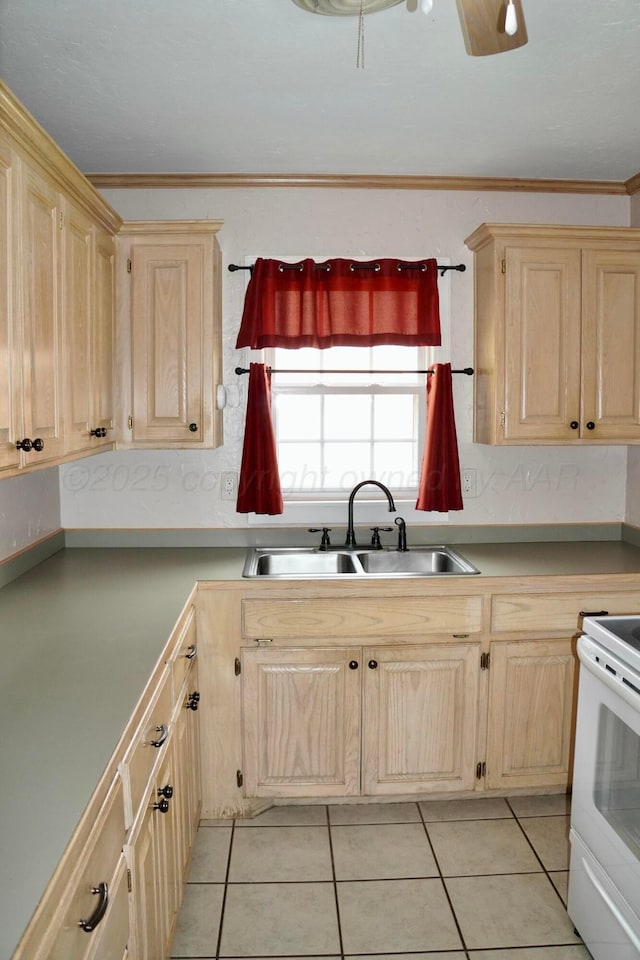 kitchen with a sink, light brown cabinets, white range with electric stovetop, and ornamental molding