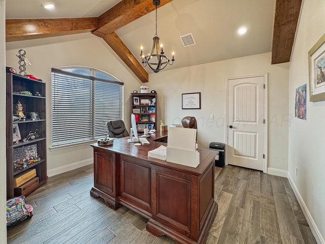 office space with dark wood-type flooring, vaulted ceiling with beams, and a chandelier